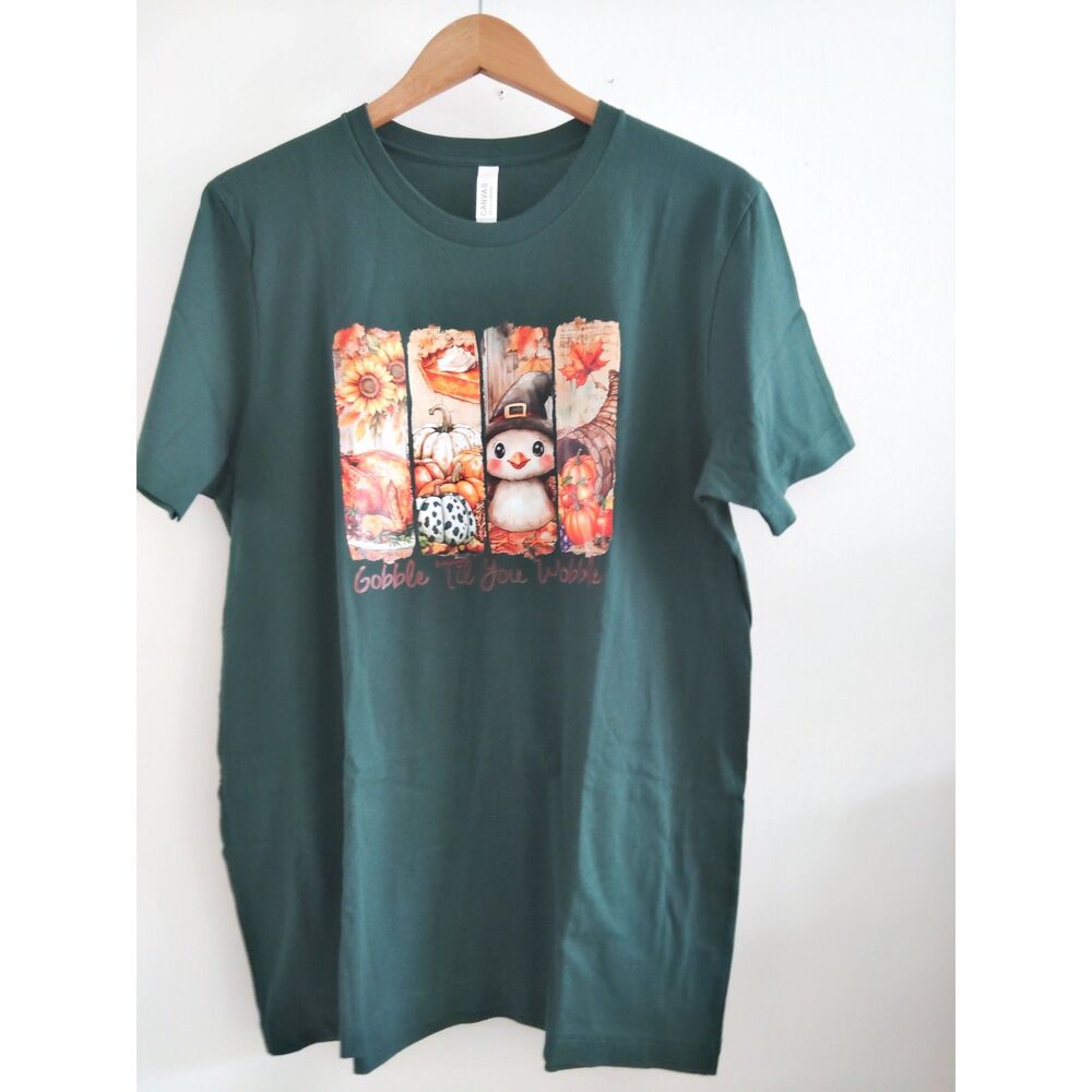 Gobble Til You Wobble Graphic Unisex Pullover Crewneck Cotton Tee Sz L